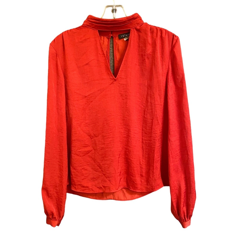 1.STATE Womens Small Red Hammered Satin High Neck V-Cutout Long Sleeve Blouse